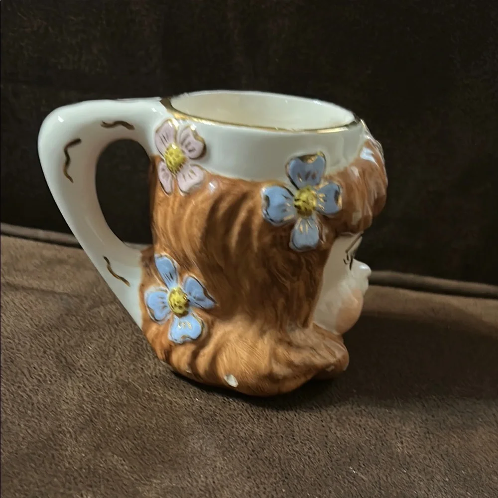 Vintage Ceramic Face Mug with Floral Design